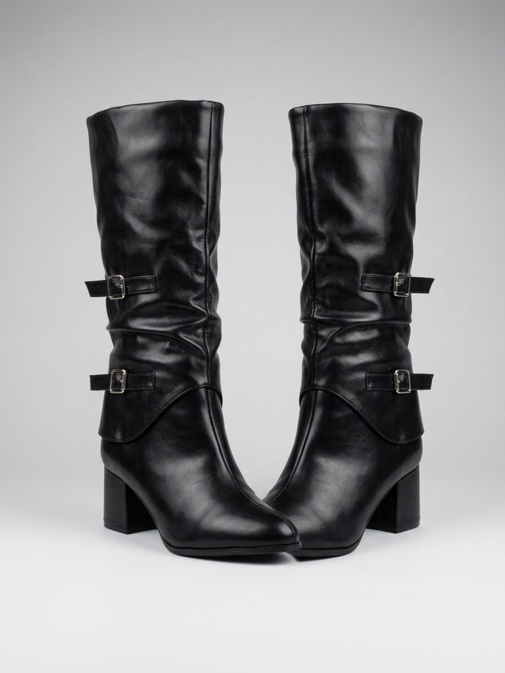 Clara Sun Woo Black Mid-Calf Buckle Block Heel Boots with Twin Straps